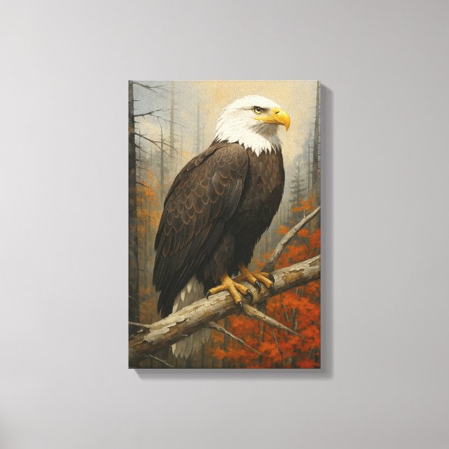 Bald Eagle on Branch in Autumn Forest Canvas Print (Front)