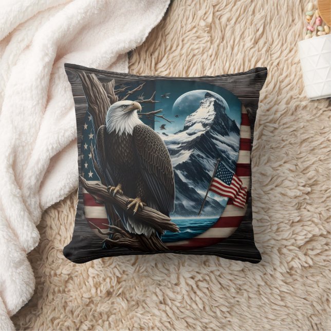Bald Eagle on Branch With Mountain and Flag Cushion (Blanket)