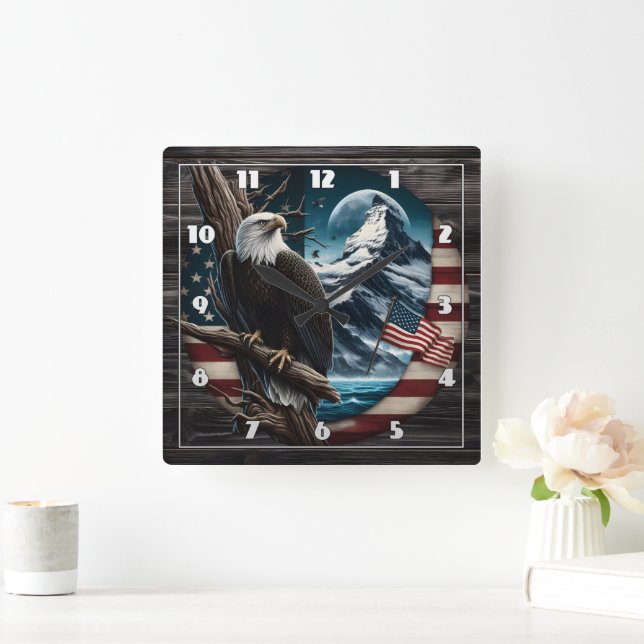 Bald Eagle on Branch With Mountain and Flag Square Wall Clock (Home)