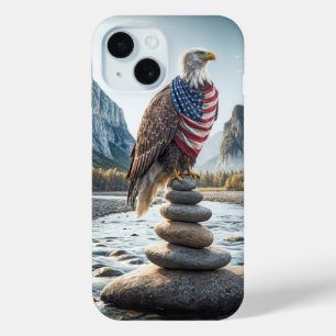 Bald Eagle On Cairn With American Flag  iPhone 15 Case