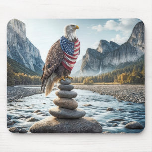 Bald Eagle On Cairn With American Flag  Mouse Mat
