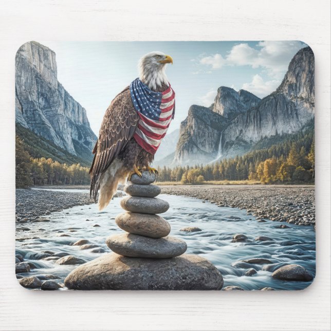 Bald Eagle On Cairn With American Flag  Mouse Mat (Front)
