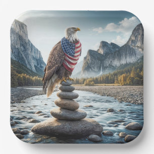 Bald Eagle On Cairn With American Flag Paper Plate