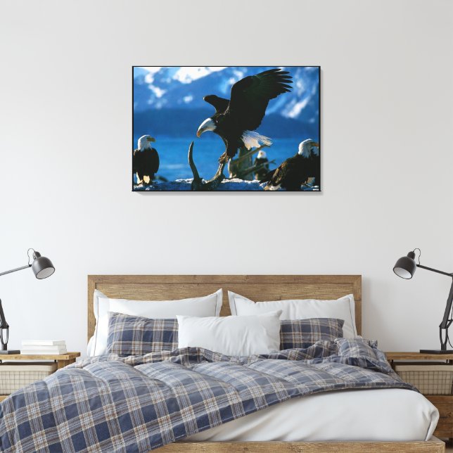 Bald Eagle on log Wrapped Canvas Print (Insitu(Bedroom))