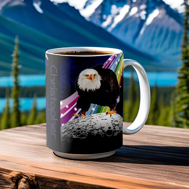 Bald Eagle on Moon Fun Rainbow Space Fans Name Coffee Mug (Eagle has landed space mug with rainbow and moon)