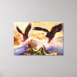 Bald Eagle over Great Wall of China Painting Canvas Print