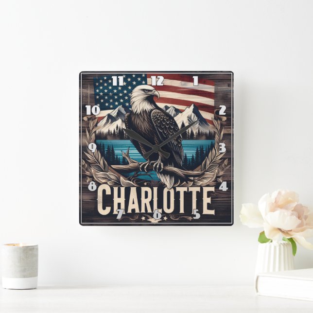 Bald Eagle Overlooking Charlotte With Mountains Square Wall Clock (Home)