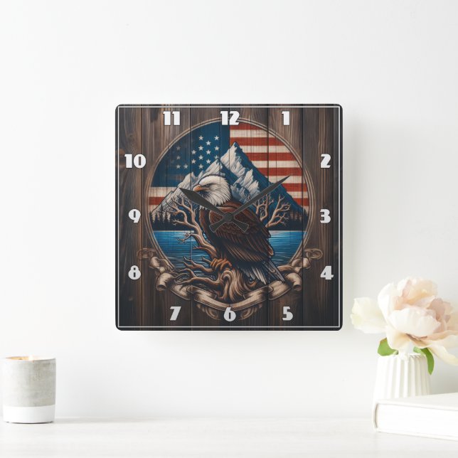 Bald Eagle Perched by Mountain and American Flag Square Wall Clock (Home)