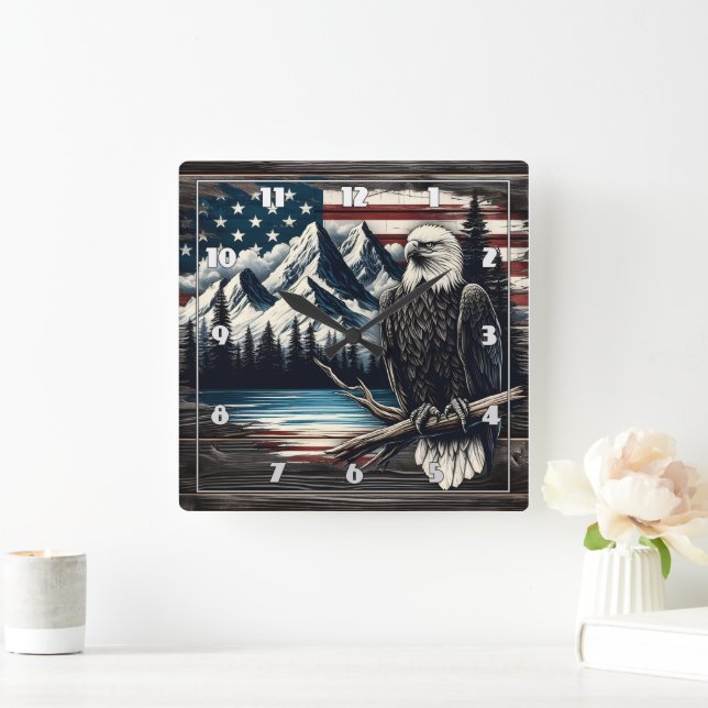 Bald Eagle Perched by Mountain Lake With Flag Square Wall Clock (Home)
