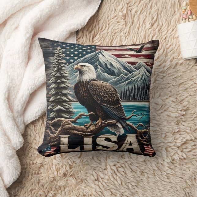 Bald Eagle Perched On Branch Against Mountain View Cushion (Blanket)