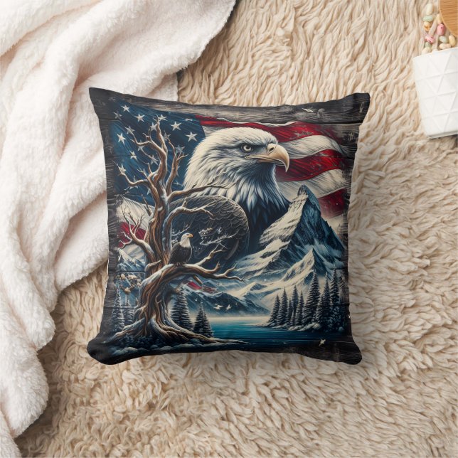 Bald Eagle Perched on Branch by Mountains and Flag Cushion (Blanket)