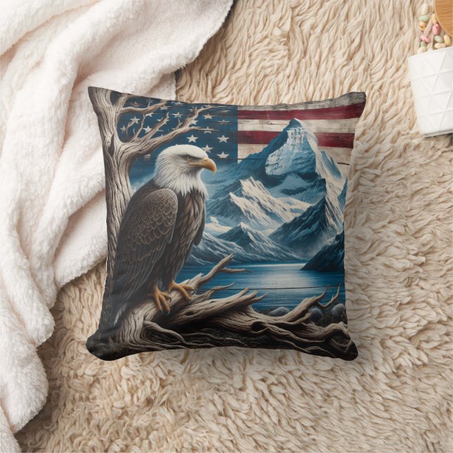 Bald Eagle Perched With American Flag Backdrop Cushion (Blanket)