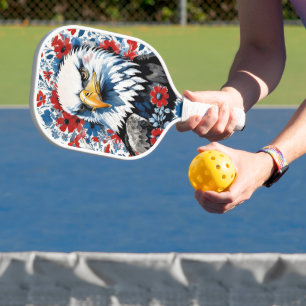 Bald Eagle Red White and Blue Floral USA Pickleball Paddle