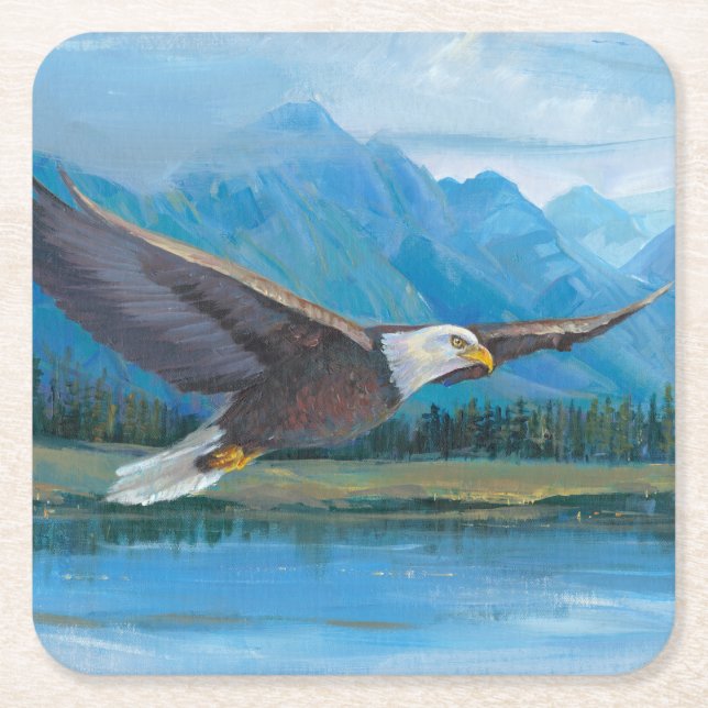 Bald Eagle Soaring Square Paper Coaster (Front)