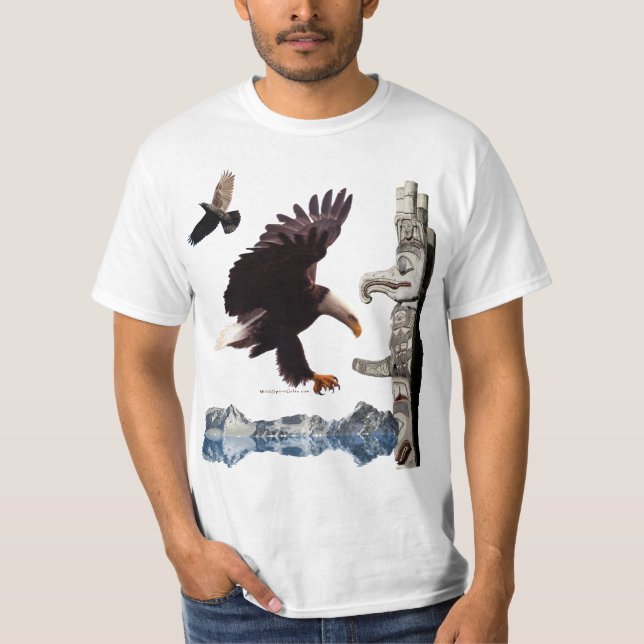 Bald Eagle, Totem Pole, Raven & Mountain scene T-Shirt (Front)