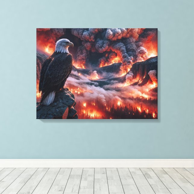 Bald Eagle Watching a Mountain Wildfire Canvas Print (Insitu(Wood Floor))