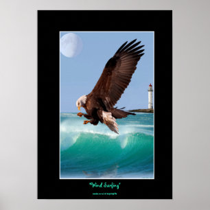 Bald Eagle, Waves & Lighthouse  Art Poster