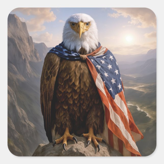 Bald Eagle Wearing an American Flag Cape Square Sticker (Front)