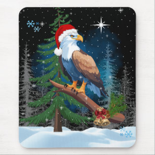 Bald Eagle Wearing Santa Hat Winter Scene Holiday Mouse Mat
