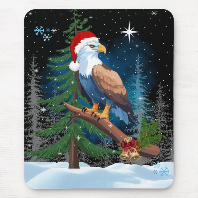 Bald Eagle Wearing Santa Hat Winter Scene Holiday Mouse Mat (Front)