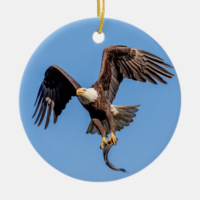 Bald Eagle with a fish Ceramic Tree Decoration (Front)