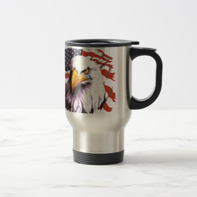 Bald Eagle With A Tear - USA Flag In Background Travel Mug (Right)