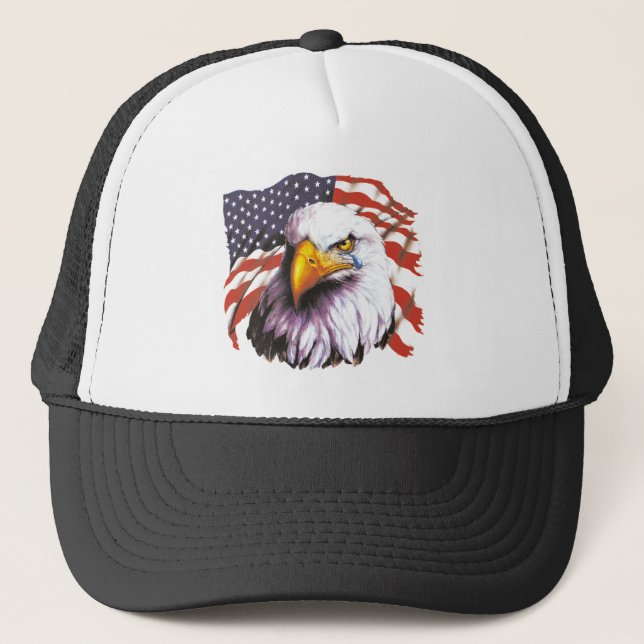 Bald Eagle With A Tear - USA Flag In Background Trucker Hat (Front)