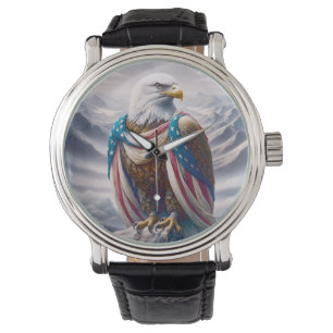 Bald Eagle with a Tear Wearing American Flag Watch