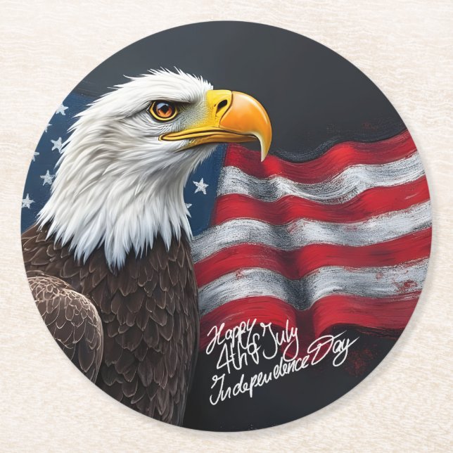 Bald Eagle with American Flag 4th of July Art Round Paper Coaster (Front)