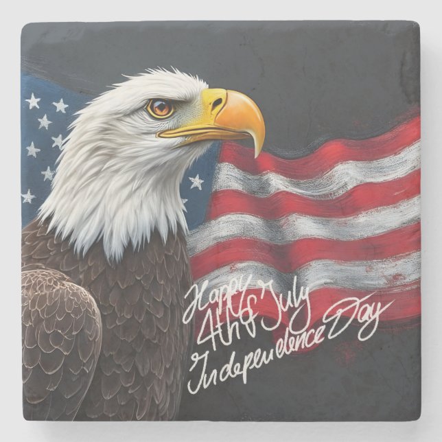 Bald Eagle with American Flag 4th of July Art Stone Coaster (Front)