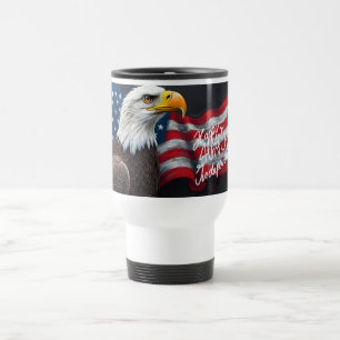 Bald Eagle with American Flag 4th of July Art Travel Mug