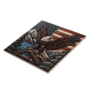 Bald Eagle With American Flag and Mountains Tile