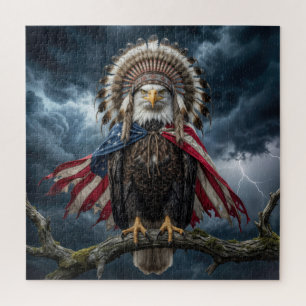 Bald Eagle With American Flag Cape and Headdress Jigsaw Puzzle