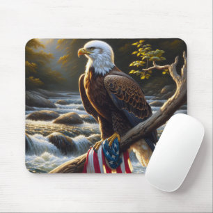 Bald Eagle With American Flag On a Branch Mouse Mat