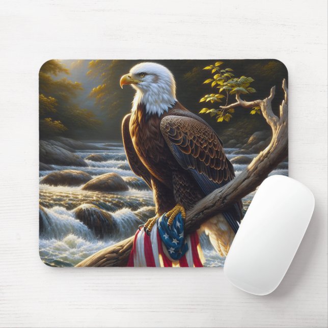 Bald Eagle With American Flag On a Branch Mouse Mat (With Mouse)