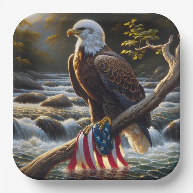 Bald Eagle With American Flag On a Branch Paper Plate (Front)
