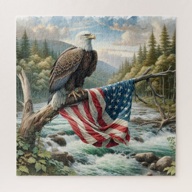 Bald Eagle With American Flag On Tree Branch Jigsaw Puzzle (Vertical)