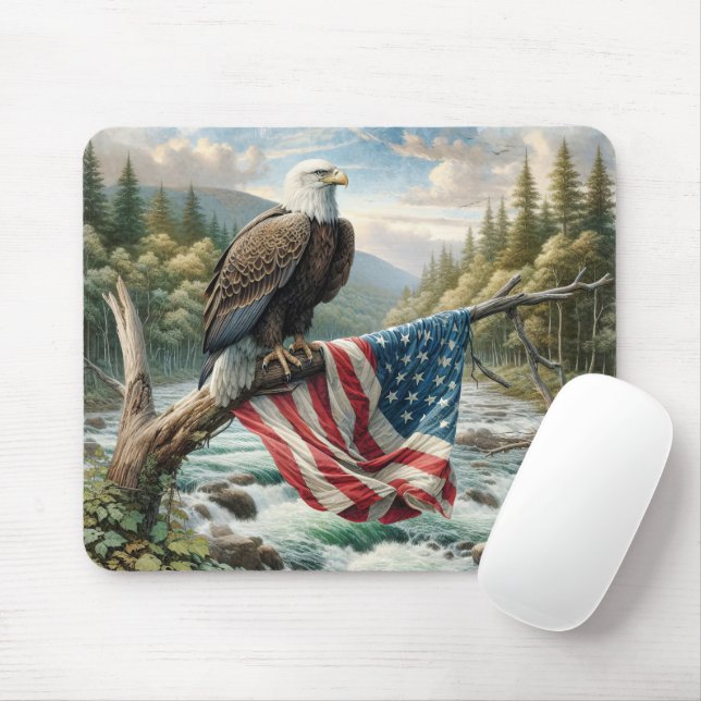 Bald Eagle With American Flag On Tree Branch Mouse Mat (With Mouse)