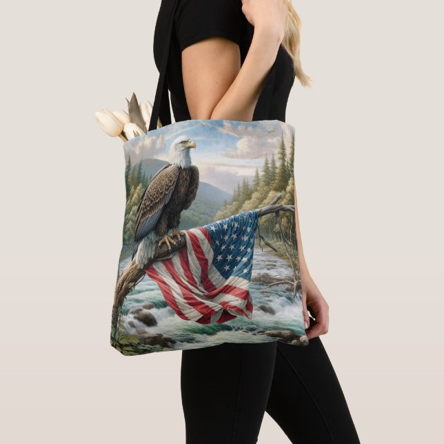Bald Eagle With American Flag On Tree Branch Tote Bag (Close Up)