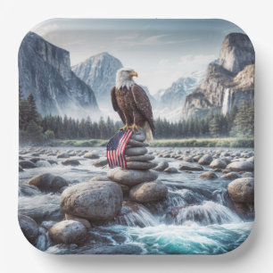 Bald Eagle With an American Flag On a Cairn Paper Plate