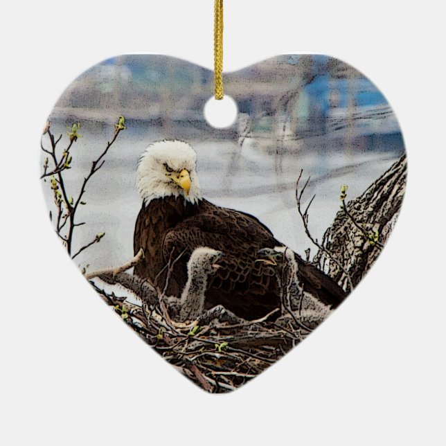 Bald Eagle with eaglets Ceramic Tree Decoration (Back)