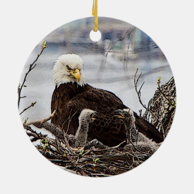 Bald Eagle with eaglets Ceramic Tree Decoration (Back)
