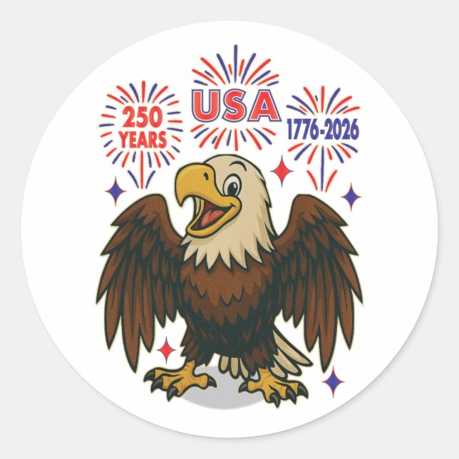 Bald Eagle with Fireworks– USA 250 Years 1776-2026 Classic Round Sticker (Front)