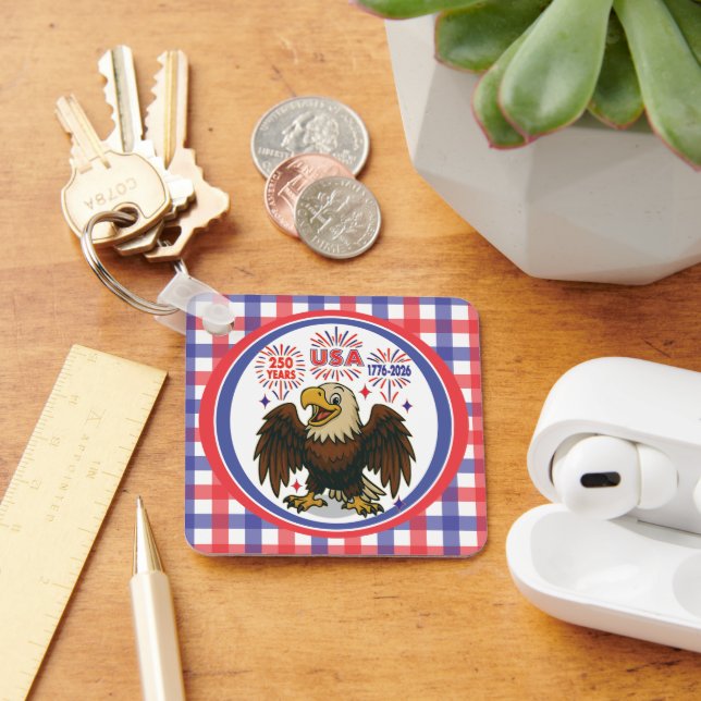 Bald Eagle with Fireworks– USA 250 Years 1776-2026 Key Ring (Desk)