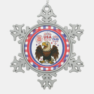 Bald Eagle with Fireworks– USA 250 Years 1776-2026 Snowflake Pewter Christmas Ornament