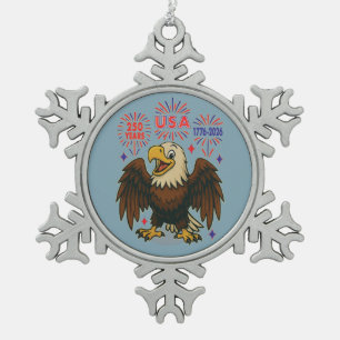Bald Eagle with Fireworks– USA 250 Years 1776-2026 Snowflake Pewter Christmas Ornament