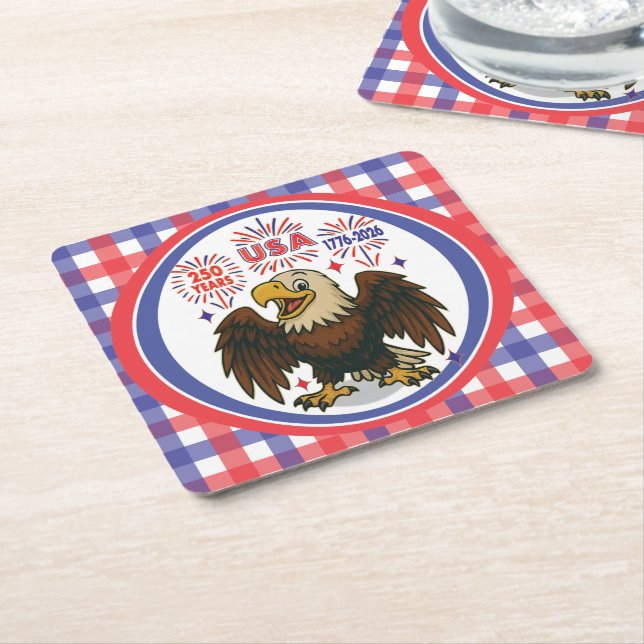 Bald Eagle with Fireworks– USA 250 Years 1776-2026 Square Paper Coaster (Angled)