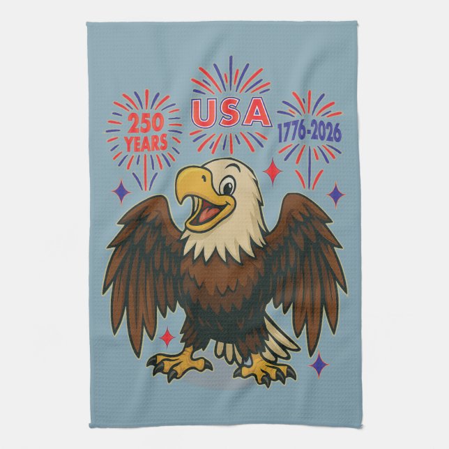 Bald Eagle with Fireworks– USA 250 Years 1776-2026 Tea Towel (Vertical)