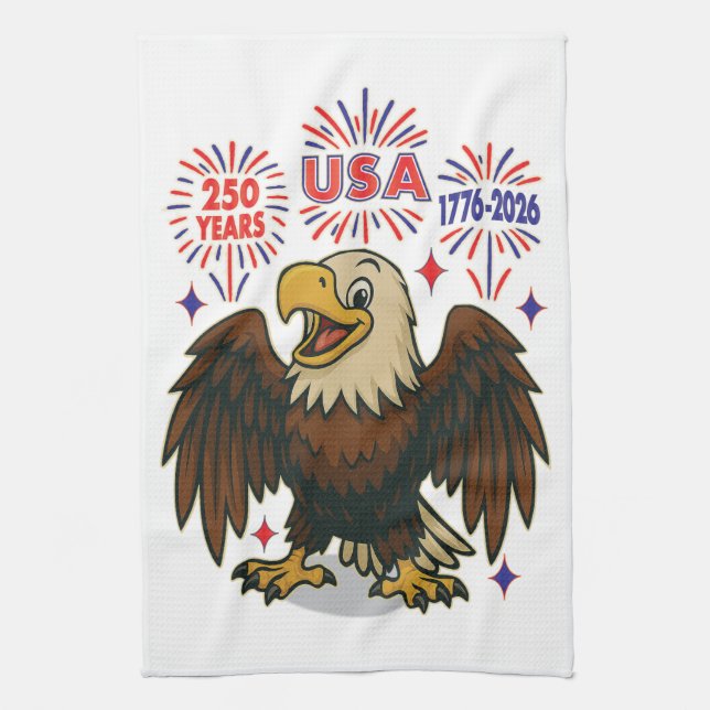 Bald Eagle with Fireworks– USA 250 Years 1776-2026 Tea Towel (Vertical)
