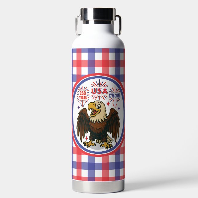 Bald Eagle with Fireworks– USA 250 Years 1776-2026 Water Bottle (Front)